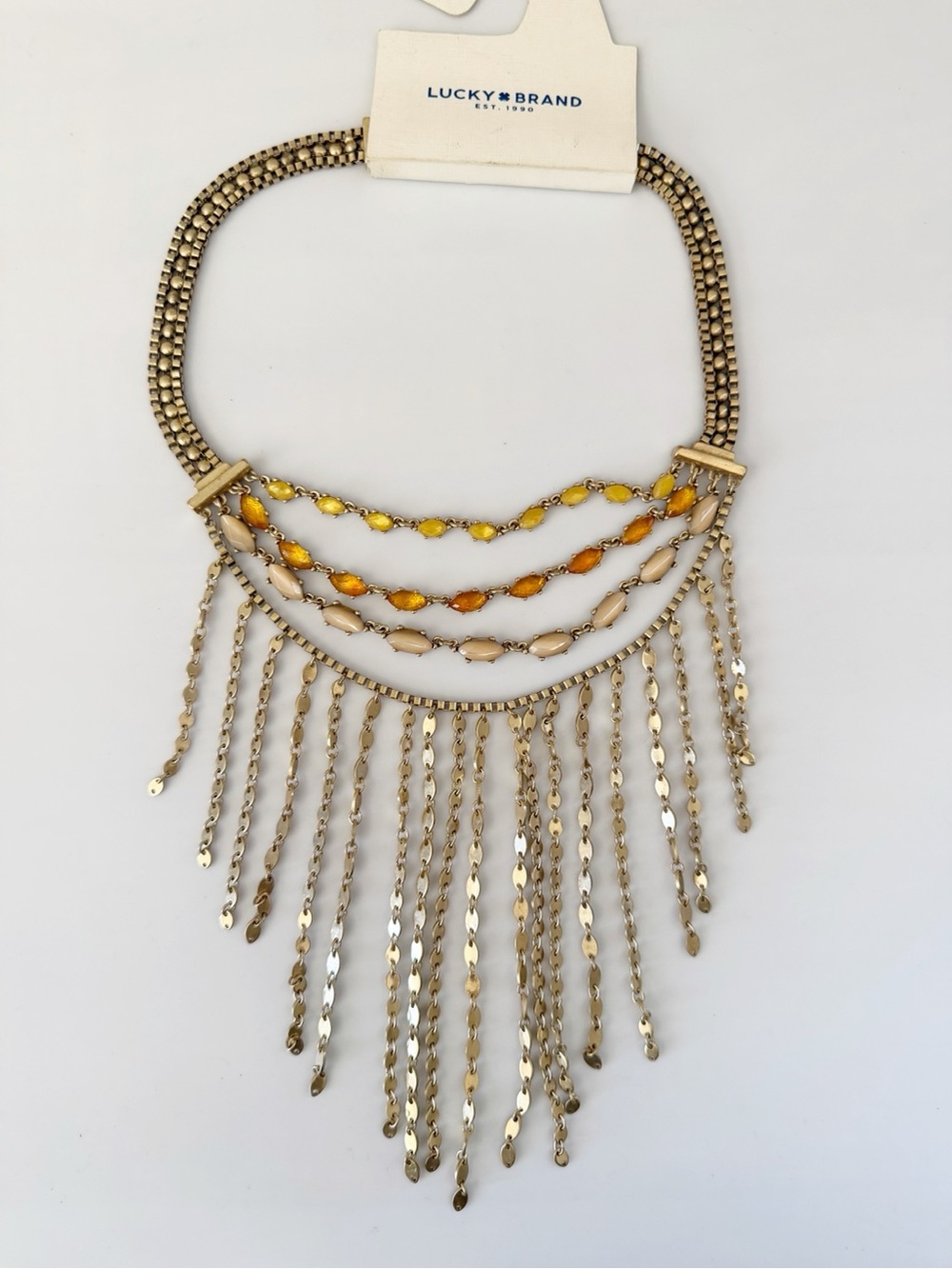Lucky Brand Gold Tone Multi Strand Fringe Boho Statement Necklace NWT